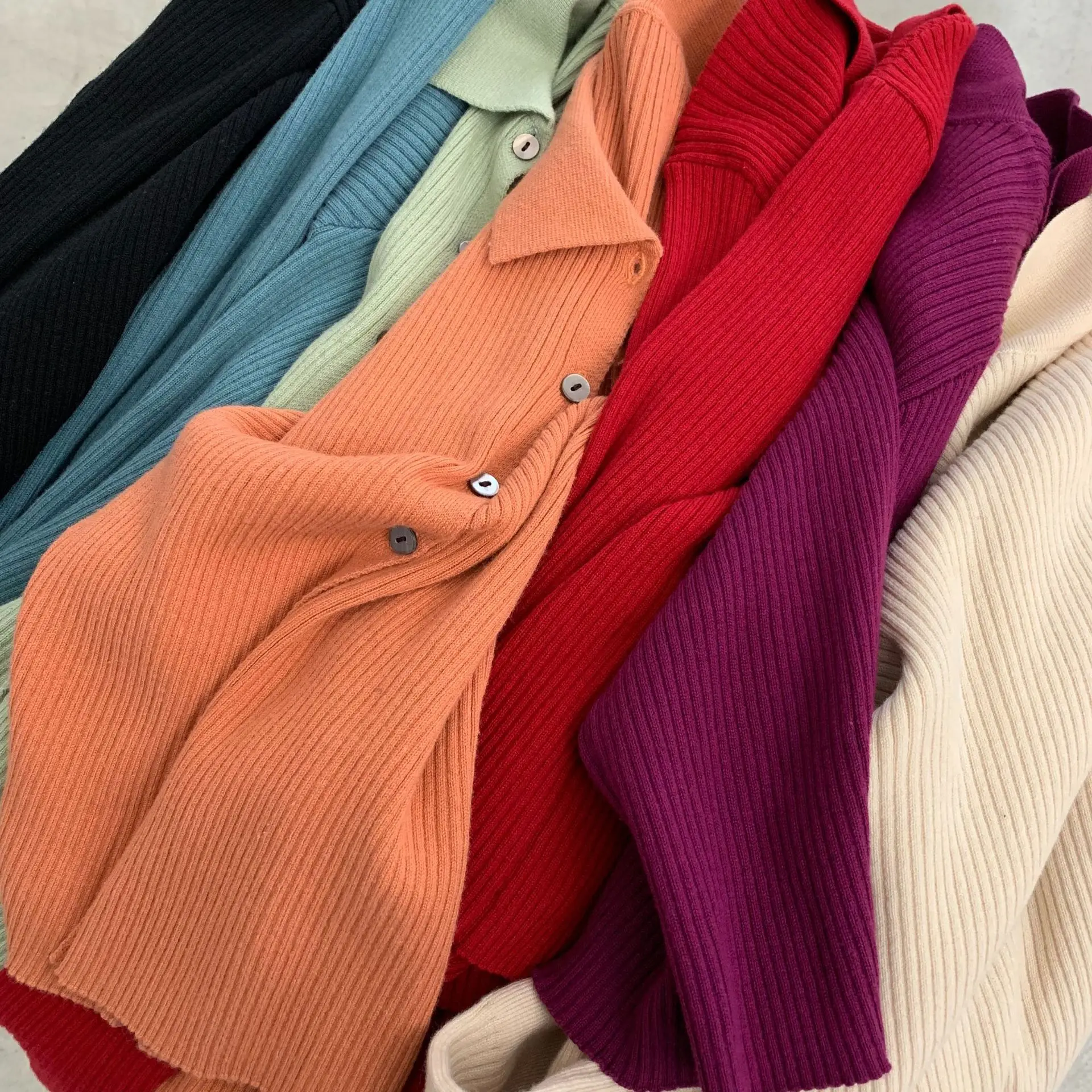 Корейский стиль поло воротник-однобортный вязаный кардиган для женщин 2020