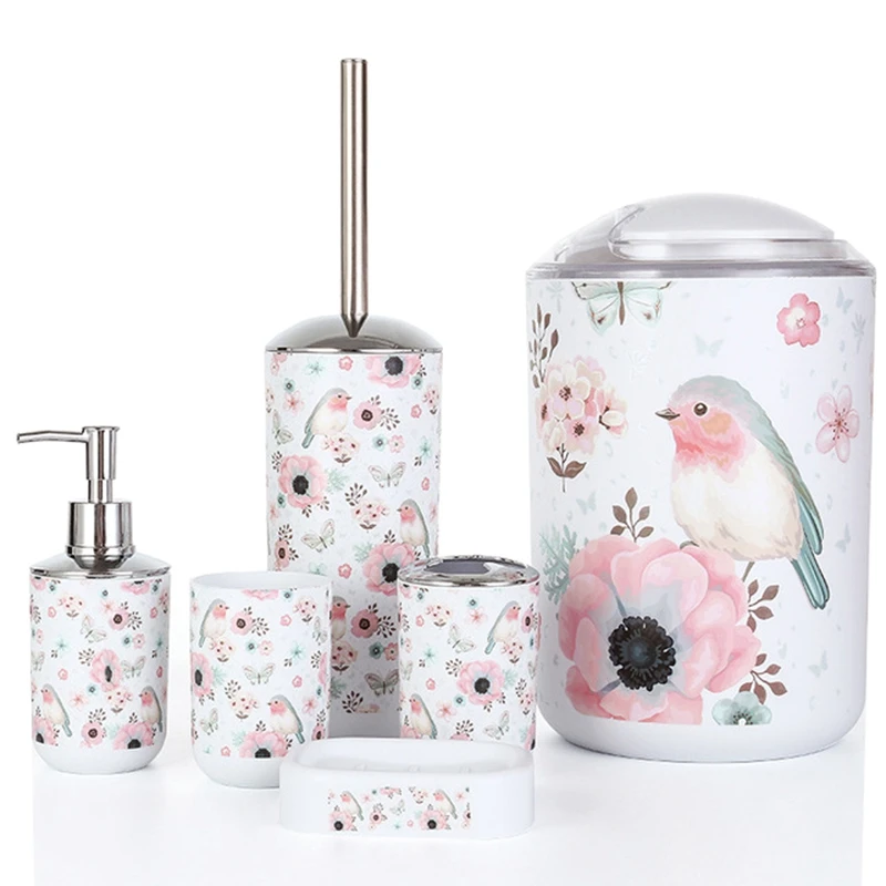 

Nordic 6Pcs/Set Printing Bathroom Accessory Set Lotion Dispenser Toothbrush Holder Tumbler Cup Soap Dish Toilet Brush Trash Can
