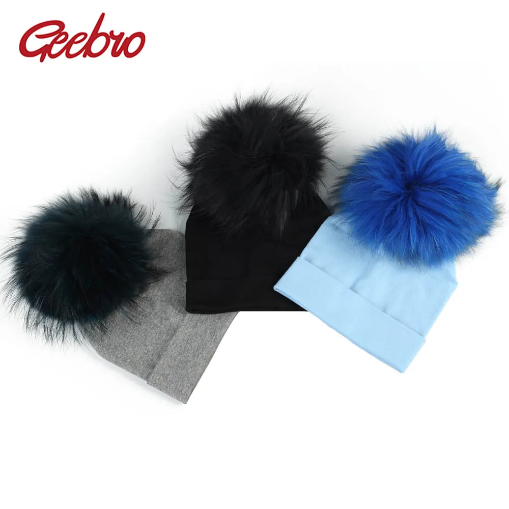 

Geebro Newborn Cotton Beanies Baby With Real Fur Pompom Hats Kids Girls Boys Soft Warm Solid Color Elastic Skullies Casp Bonnet