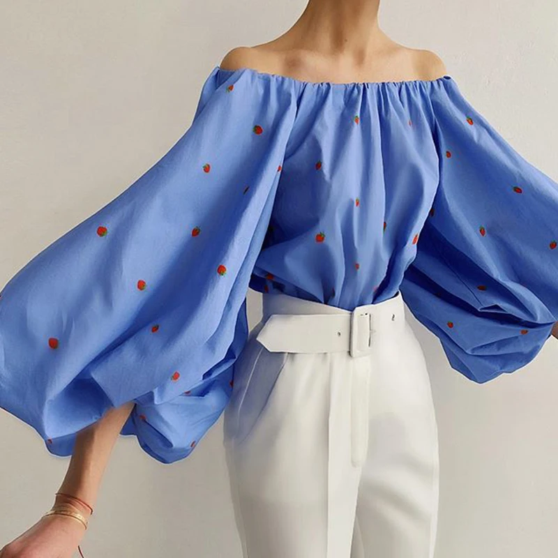 

Fashion Sexy Off Shoulder Blouses Women Spring Summer Lantern Long Sleeve Print Top Vintage Holiday Elegant Shirt Blusas SJ6116X