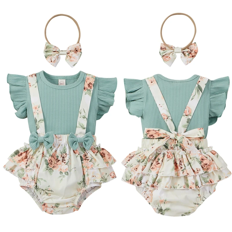 

Three-piece Fashion Baby Girls Summer Floral Romper Outfits Bow Headband Clothes For 0-24Months