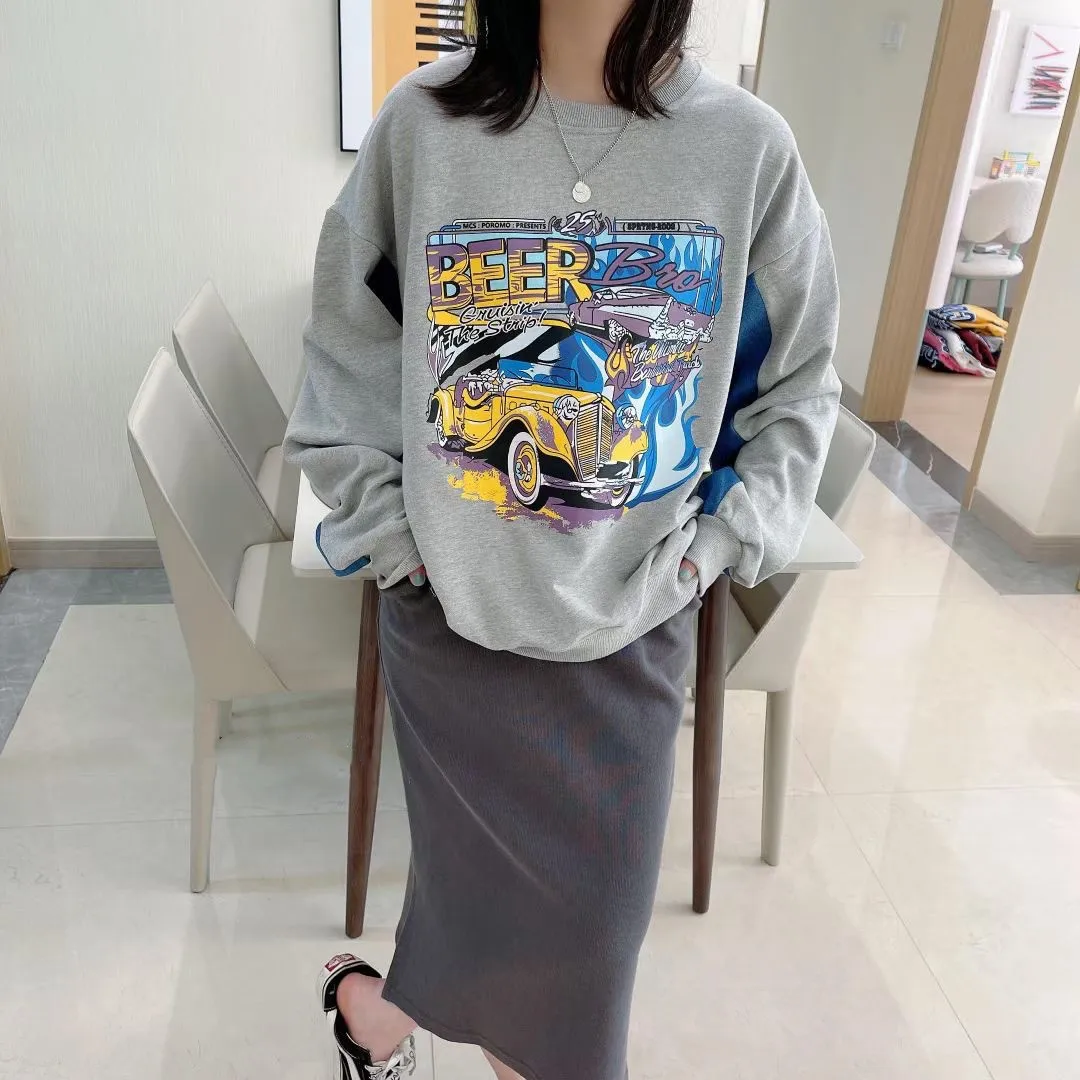 

Autumn Winter Women Plus Size Streetwear Sweatshirt Tops Long Sleeve Cool Graphic Patchwork Oversized Pullovers Gray