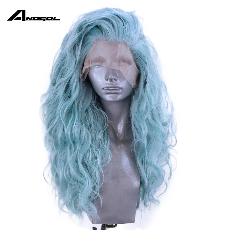 Parrucca anteriore in pizzo verde menta Anogol parrucche sintetiche per capelli ad alta temperatura in fibra ad alta temperatura parrucche rosa viola intenso per donna