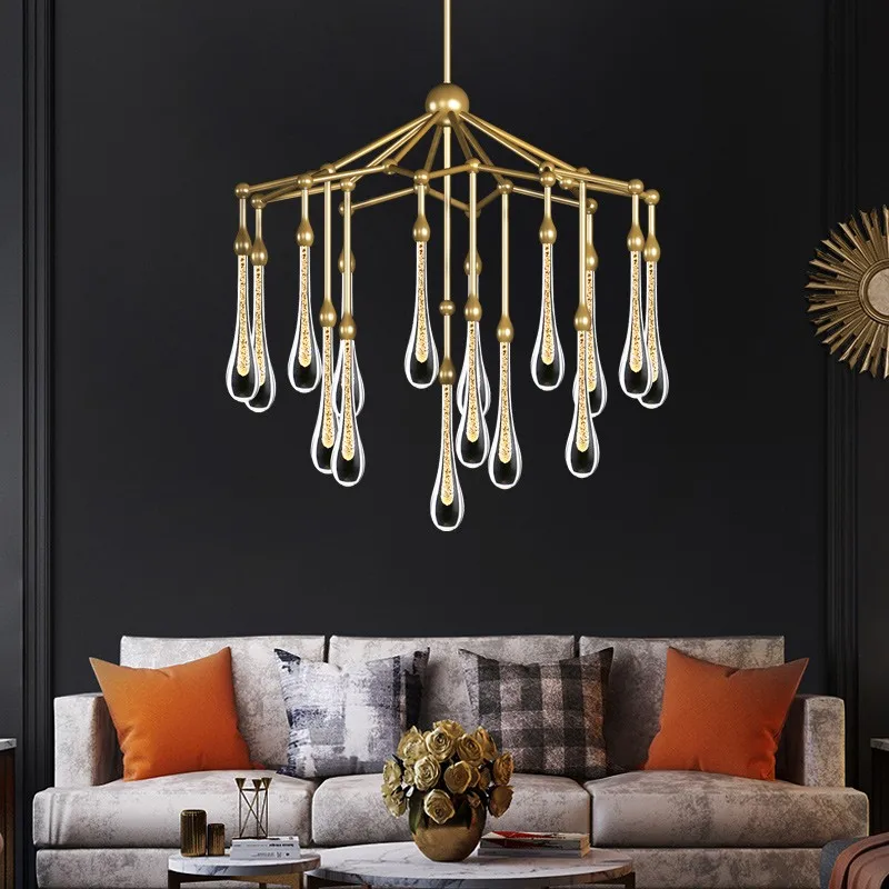 

Copper Luxury LED Chandelier Creative Water Drop Glass Art Lighting Hanging Fixtures For Living Room Bedroom Villa Lobby Deco