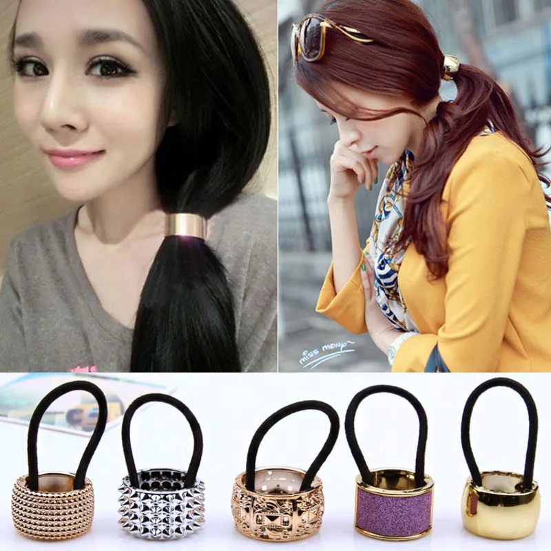 

Fashion Elastic Hair Band Joker Ponytail Buckle Gold Finished Resin Circle Hair Rings for Lady Large Size Rubber Band Multicolor