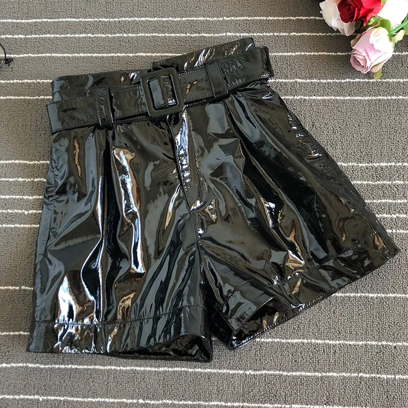 Genuine Street Women Leather Sheepskin Shorts Fashion High Waist Wide Leg Shorts Brand Red Black Sashes Casual Shorts Female
