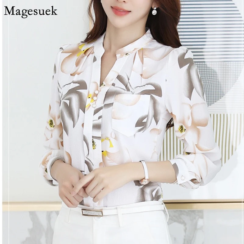 Осенние модные женские блузки с длинным рукавом шифоновая рубашка v-образным