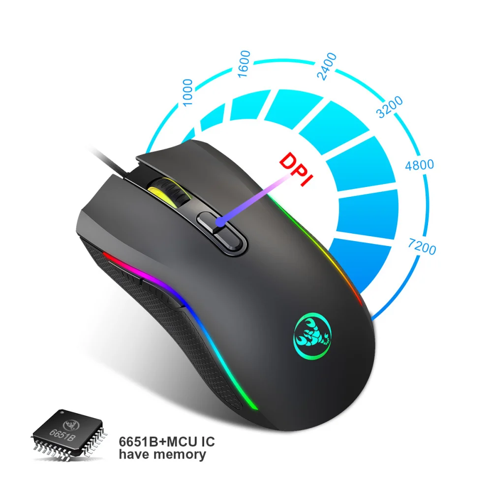 

HXSJ new TYPE-C wired mouse 7200DPI gaming mouse 7 key macro programming RGB lighting game player PC notebook for black