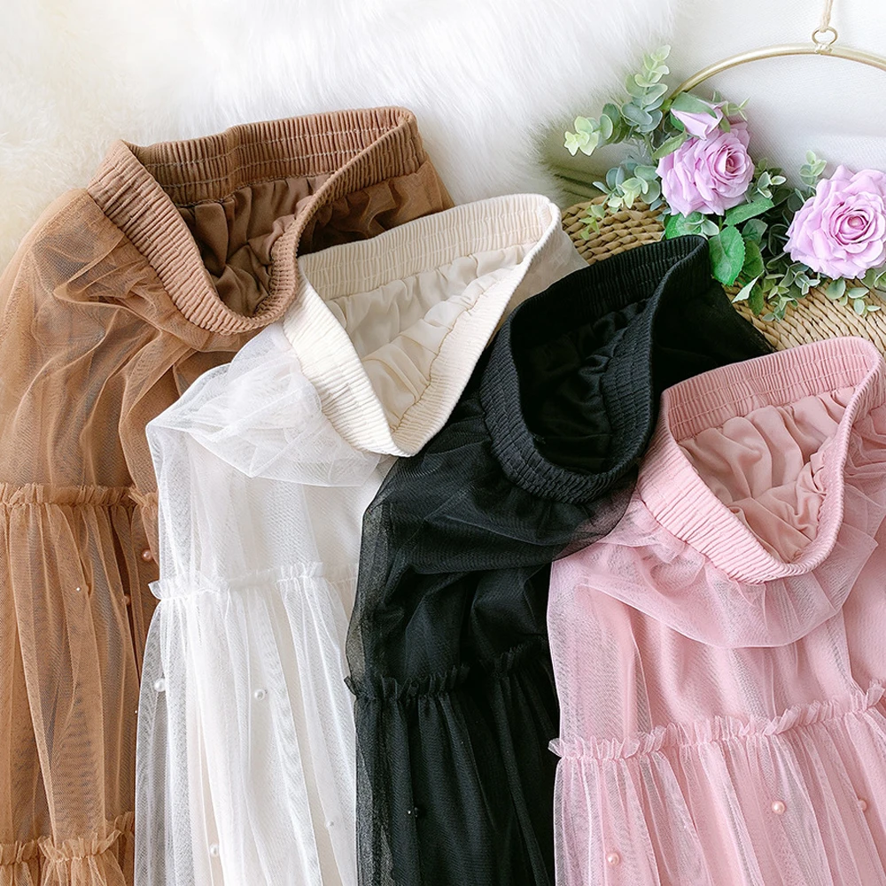 

SISHION 2021 Spring Korean Style Women Long Skirt SP1344 Black Pink High Waist Cake Beaded Y2K Midi Tulle Skirts falda