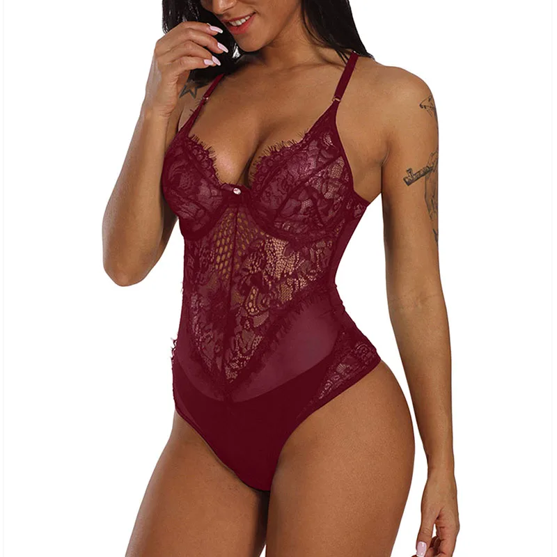 

Sexy Lingerie Lace Hem Teddies Plunging Neckline Sleeveless Bodysuit Erotic Costumes Women's Underwear Sexy Nightwear