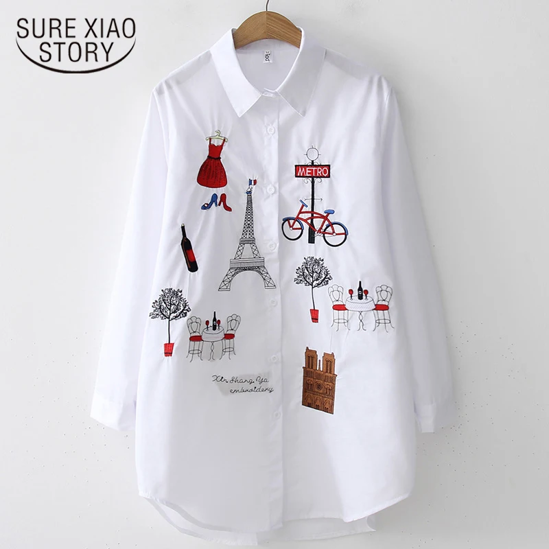 New White Shirt Casual Button Up Turn Down Collar Female Blouse Long Sleeve Cotton Blouse Embroidery Blouse Lady 5083 50