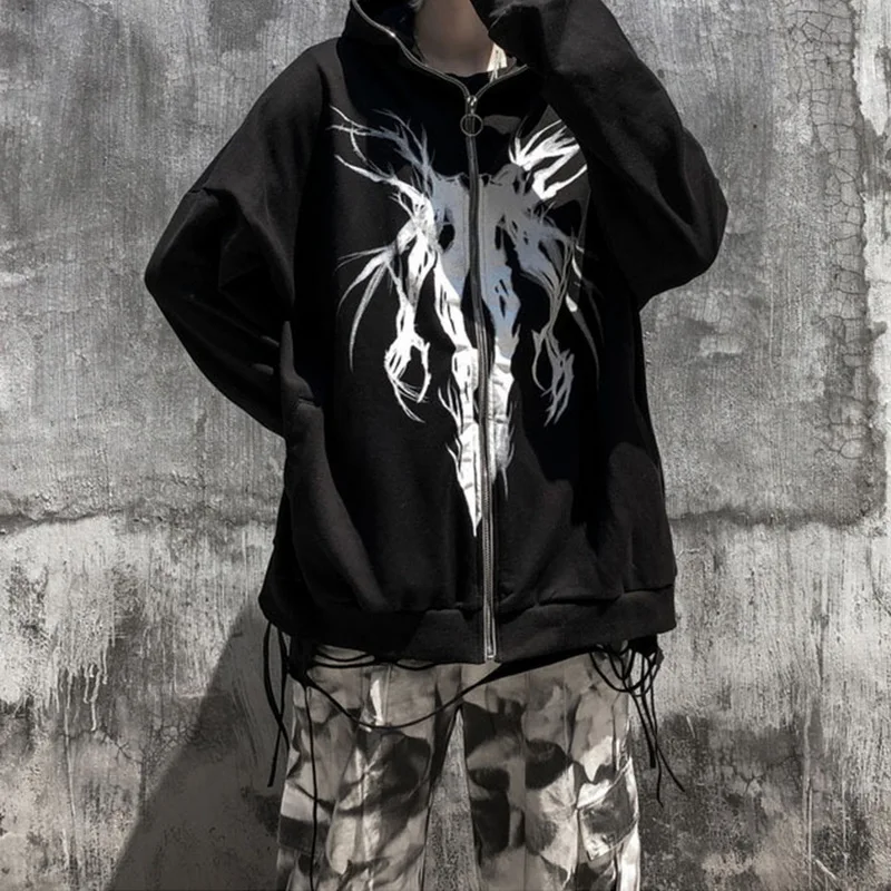 

WENYUJH Punk Graphic Printed Hoodies Women Vintage Black Zipper Ribbon Oversize Sweatshirt Female Harajuku Streetwear Jacket