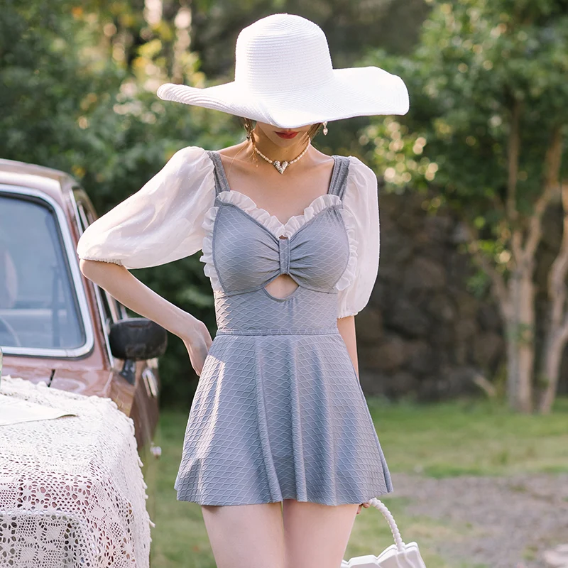 

One Piece Swimwear With Skirt Mesh Short Sleeve Bathsuit Sexy Hollow Out Beachwear Open Back Swimsuit Women Swim Monokini Padded