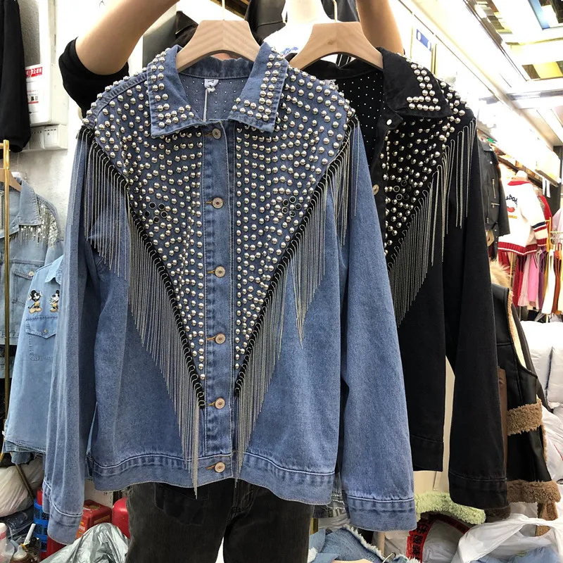 Женская джинсовая куртка с длинным рукавом черная Свободная в стиле бойфренд