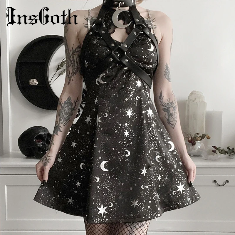 Пикантное мини платье трапеция InsGoth на бретелях спагетти женское готическое