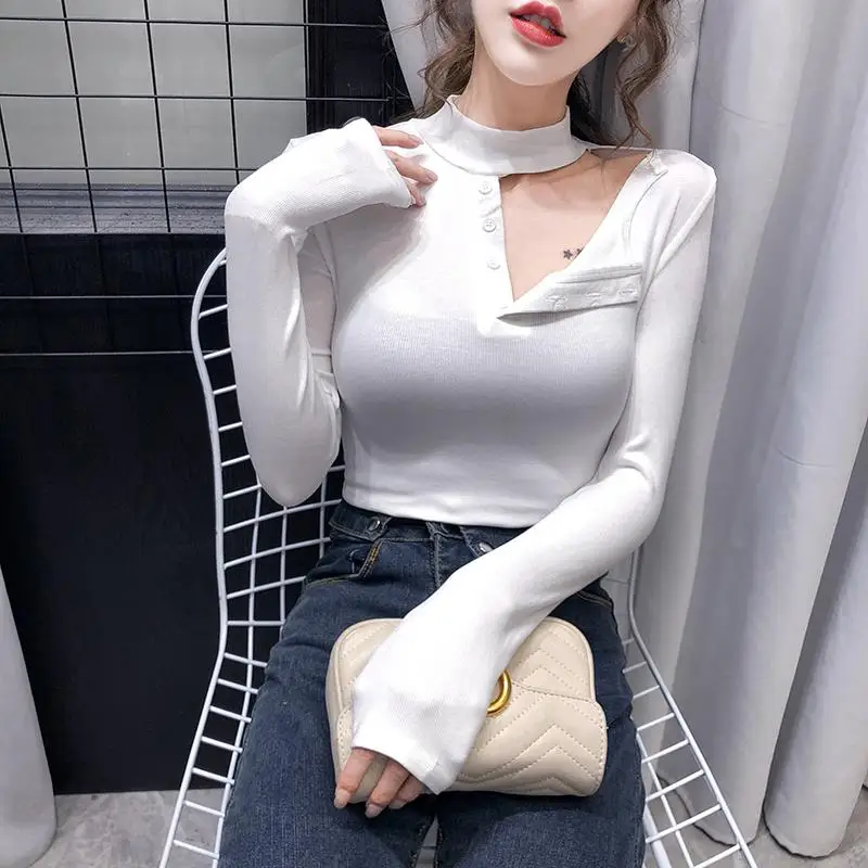 

ZITY Female Turtleneck Streetwear Sexy T -Shirt Girls Stretchy Full Sleeve Hollow Out Chic Tshirts Tops For Spring Autumn Woman