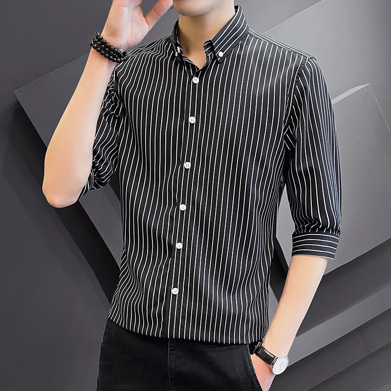 

striped men shirts 7-point sleeve shirt square collar easy care business casual striped dress shirts for Man Social Dress Shirts