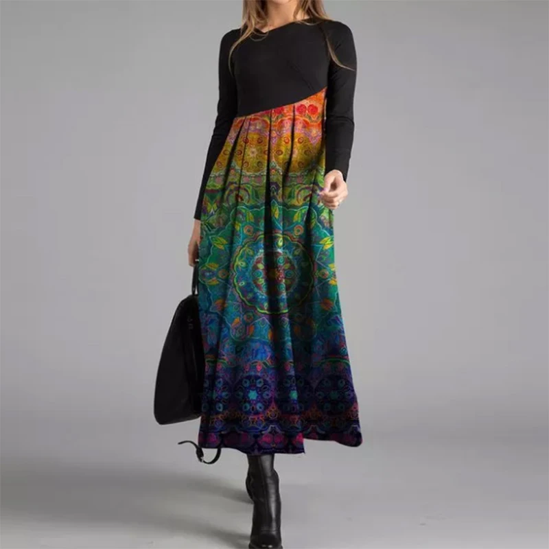 

Black Cat 3D Print Maxi Dress Women 2021 Spring O Neck Long Sleeve Party Dresses Lady Patchwork Stripe Loose Long Dress Vestidos