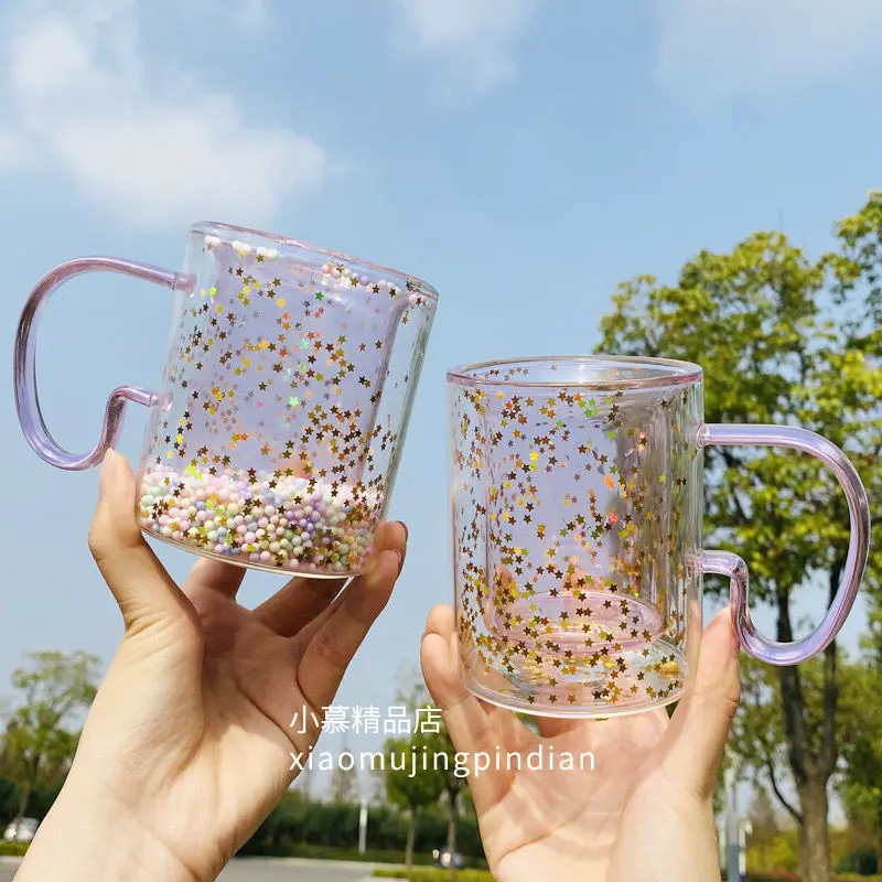 

Girl Heart Bubble Starry Sky Cup Star Sequin Double Wall Glass Cup Handle Heat-resistant Milk Cup Kawaii Cup Cute Coffee Mug