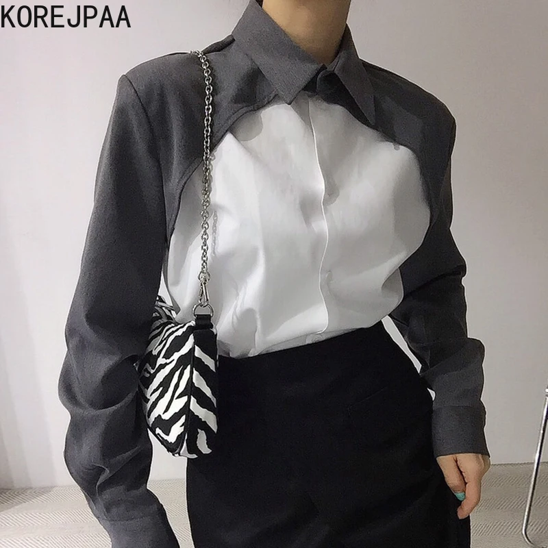 

Korejpaa Women Blouse Autumn Chic Color Contrast Patchwork Turn-down Collar Long Sleeve Single Breasted Shirt Streetwear Elegant
