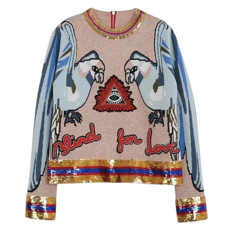 Женский свитер, вязанные пуловеры с вышивкой, расшитые блестками, осенне-зимние топы, женские топы, новинка года - Цвет: Многоцветный