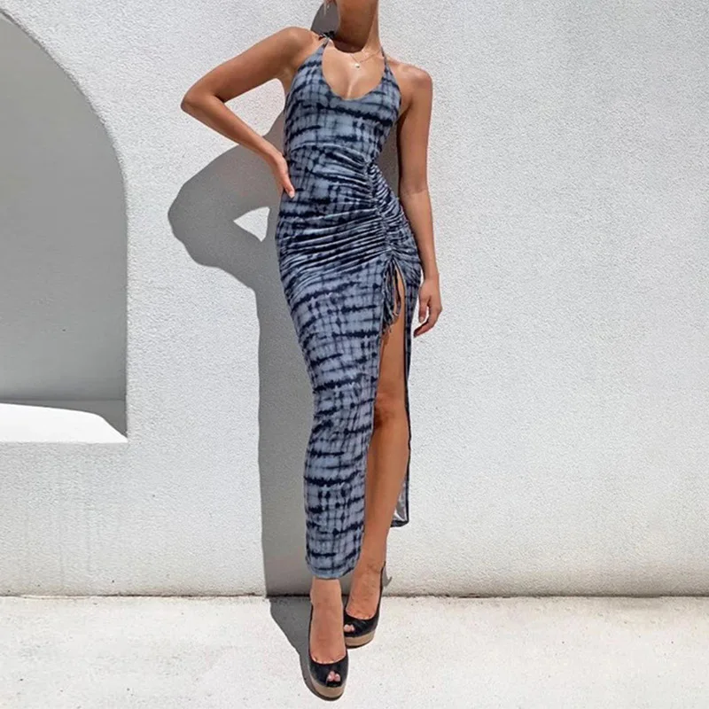 

Платье женское на бретельках с открытой спиной, пикантное приталенное миди-платье без рукавов, с высоким разрезом, элегантная Клубная одежд...