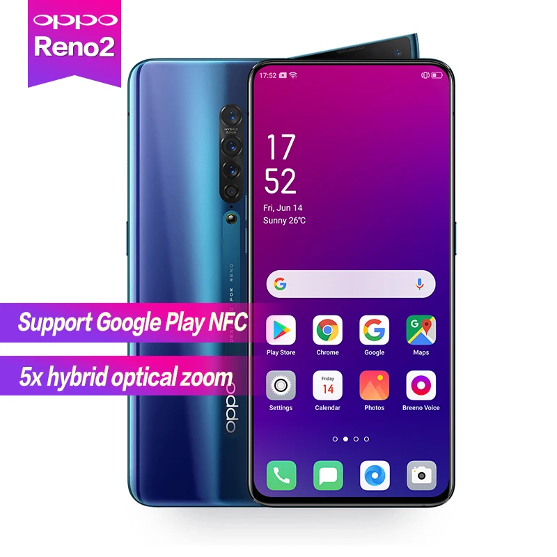 OPPO Reno 2 с процессором Snapdragon730G, 5-кратным зумом, экраном 6,5" AMOLED, поддержкой NFC, Super VOOC, разрешением 2400*1080, аккумулятором 4000 мАч, 5 камерами, 48 МП, распознаванием лица и отпечатков пальцев.