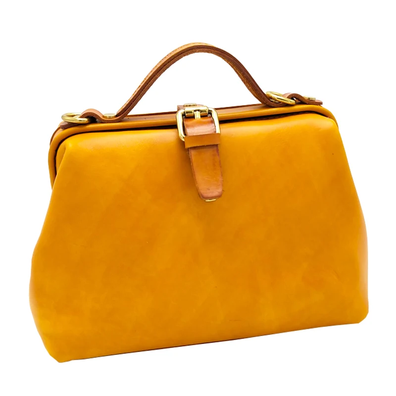 

Vintage Womens Doctor Bag Handmade Genuine Leather Handbag Retro Ladies Totes Solid Color Buckle Slung Crossbody Shoulder Bag