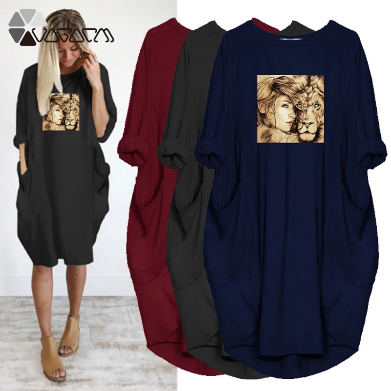 

2020 Women Loose Dress Girl And Lion Print Long Sleeve O Neck Pocket Casual Streetwear Vestidos Dresses Robe Femme
