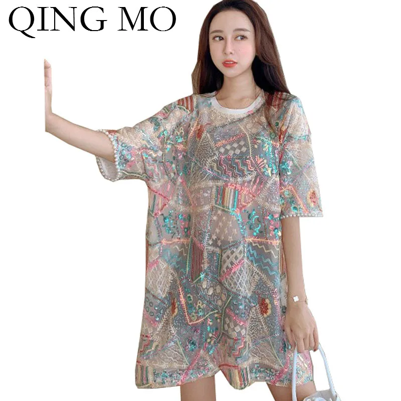 Женская футболка с цветочной вышивкой QING MO свободная бисером модель ZQY4898