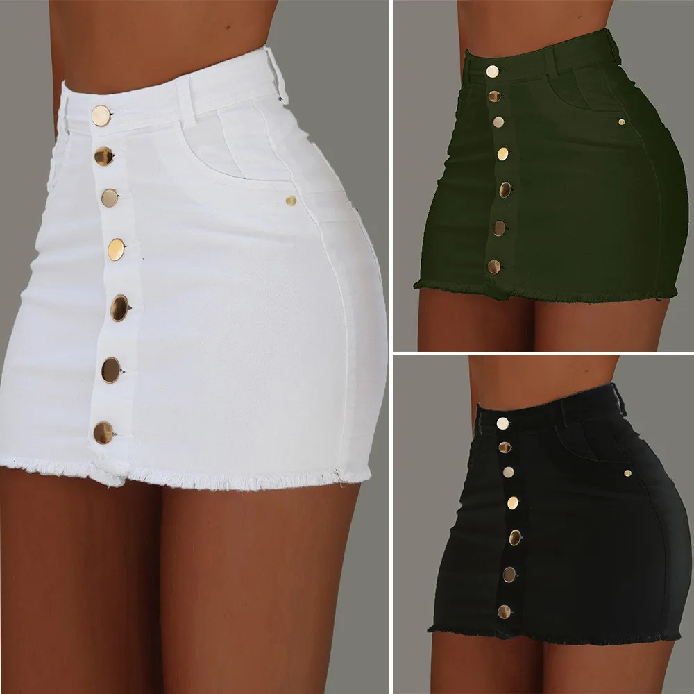 

women's pockets denim high half-length skirt solid European waist trend and color short skirt fashion American women's solid col