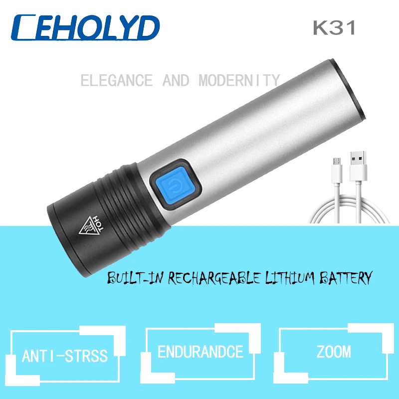 

XM-L T6 Built-in USB Rechargeable Battery LED Flashlight Zoomable Aluminum Torch Waterproof for Bike Camping Light head lamp SS