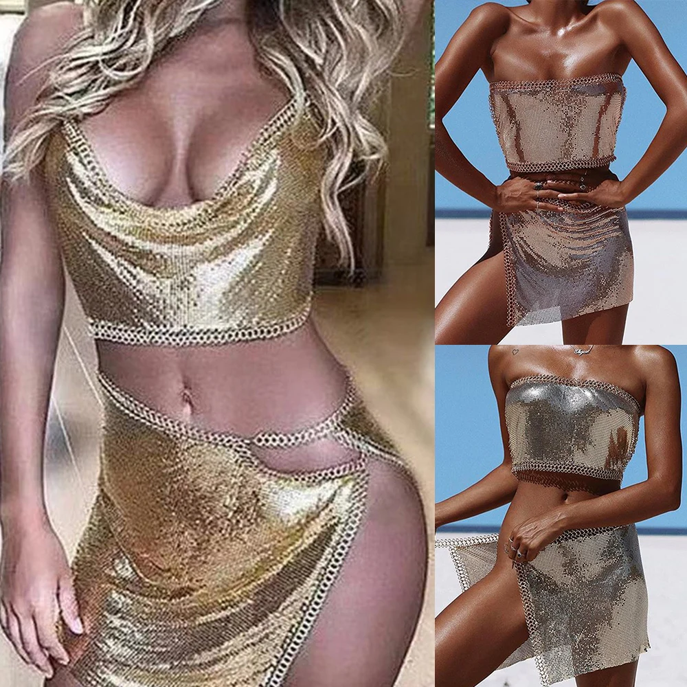 Женская облегающая цепочка для ночного клуба вечерние блестящие металлические