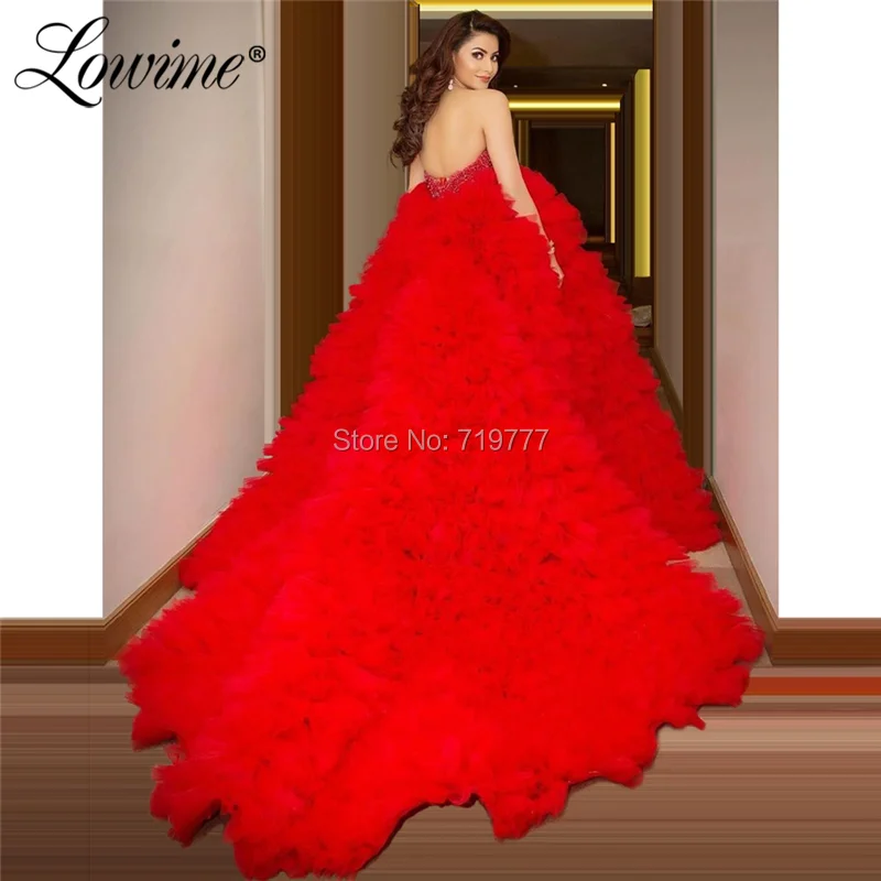 Red Long Celebrity Dresses 2020 Custom Made Beaded Princess Tiered Tulle Cloud Prom Dress Vestidos De Fiesta Arabic Party Dress