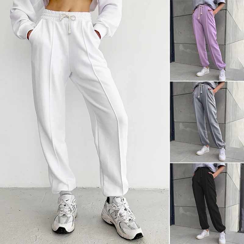 

Брюки спортивные женские однотонные, с завышенной талией и карманами