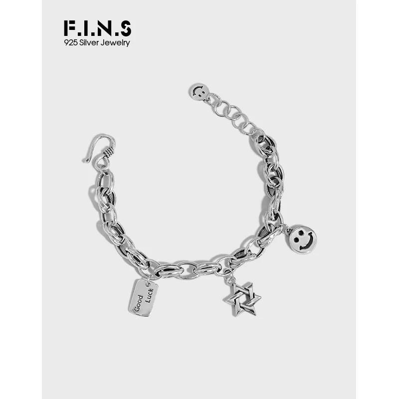 

F.I.N.S Vintage Retro Star Smile Face Linked Chain Genuine S925 Sterling Silver Bracelet Female Charms Bracelets Bangle Jewelry