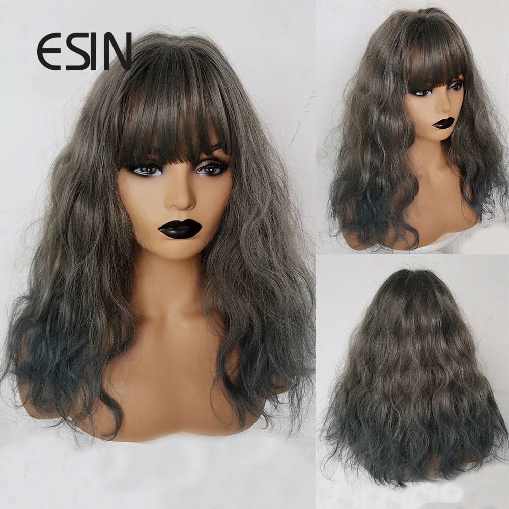 Парик ESIN средней длины с голубыми волнистыми волосами серого цвета челкой для