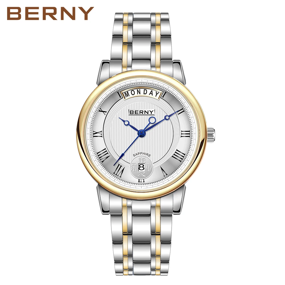 Enlarge BERNY Men Watches Waterproof Stainless Steel Watch Quartz Male Date Calendar Business Luxury Wristwatch Gift Reloj De Hombre