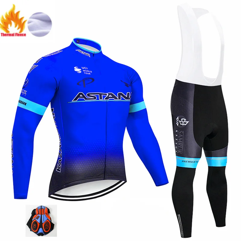Winter suit Астана Команда Зима черный Велоспорт Джерси 9D велосипед брюки набор Мужские Ropa Ciclismo термальная флисовая велосипедная Одежда для велоспорта - Цвет: Winter suit