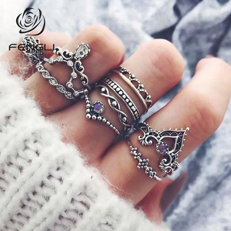 FENGLI полый Корона женский набор колец винтажный античный фиолетовый кристалл