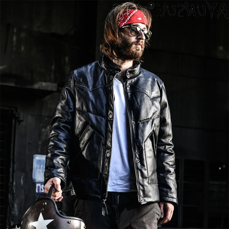 

Genuine Cowhide Leather Jacket Men Winter Men's Down Jackets Mens Thick Coat Motorcycle Clothes Male Veste Homme LXR203