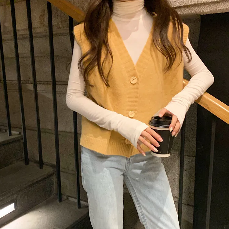 Женский пуловер без рукавов весна 2020 корейский однобортный вязаный шерстяной