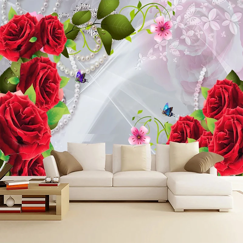 

Custom Photo Waterproof Silk Cloth Red Rose Flowers Mural 3D Wallpaper for TV Background Wall Painting Living Room Bedroom Decor