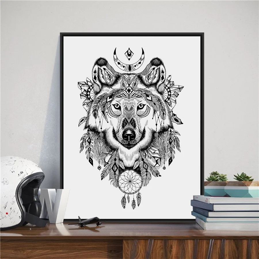 Ручная роспись ацтекский стиль печать и постер с волком картина Настенная