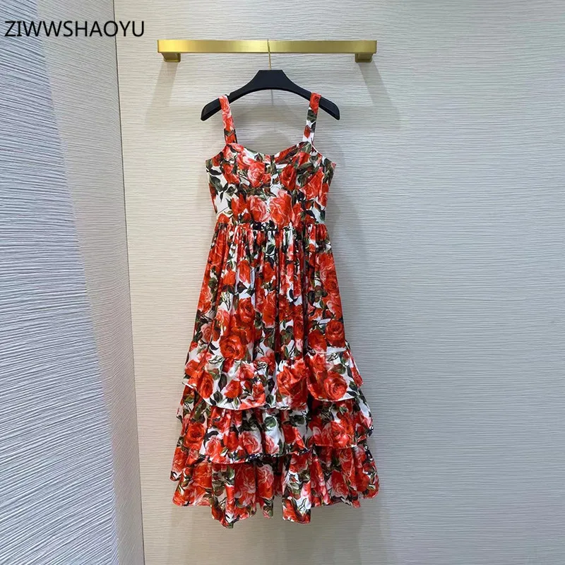 

ZIWWSHAOYU 2021 Summer Woman Fashion Midi Dress Square Collar Rose Print Sling Cascading Ruffle Elegant Prom Midi A-Line Dresses