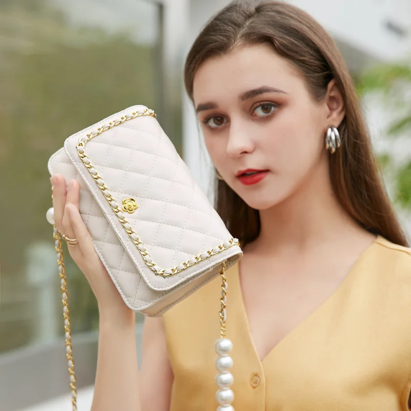 

Genuine leather handbags new shoulder bag pearl chain rhombus bag leather small square bag messenger women's handbag