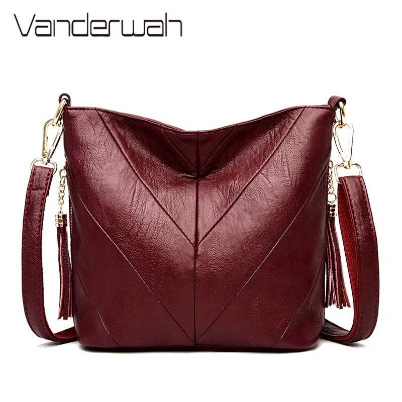

New Luxury Handbag Women Bucket Bag Pu Leather Tassel Shoulder Messenger Bag Fashion Sewing Thread Crossbody Bags for Women 2020
