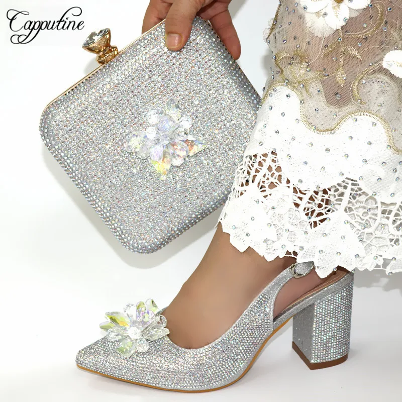 

Capputine New Arrival Italian Summer Shoes And Bag Set African Special Materials High Heels 9CM Shoes And Bag Set For Party