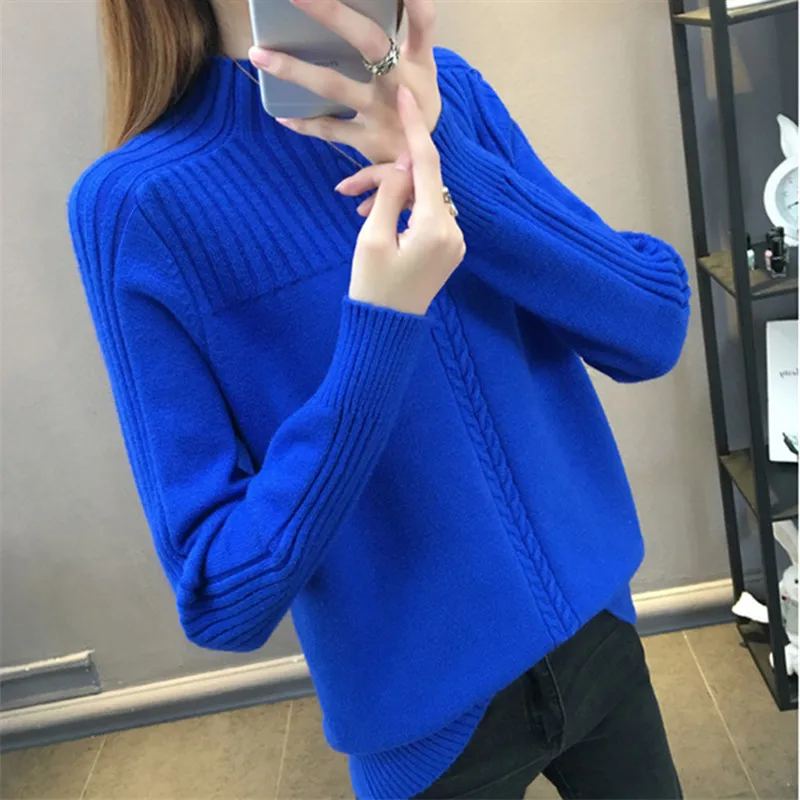 Warm Turtleneck Sweater Women 2021 Autumn Winter Long Sleeve Pullover Sweater Female Knitted Tops Loose Royal blue Jumper Ladies