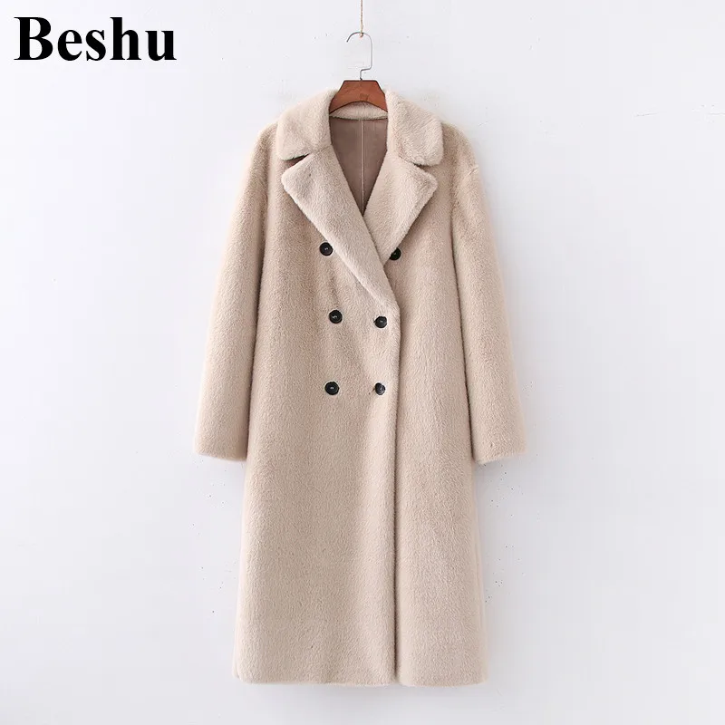 Женское длинное пальто za бежевое двубортное с лацканами и воротником из